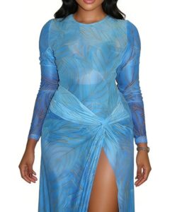 Women sheer leaf print maxi long sleeve dress
