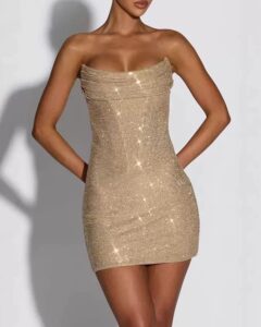 Mirabella sequin pleated cowl neckline mini dress